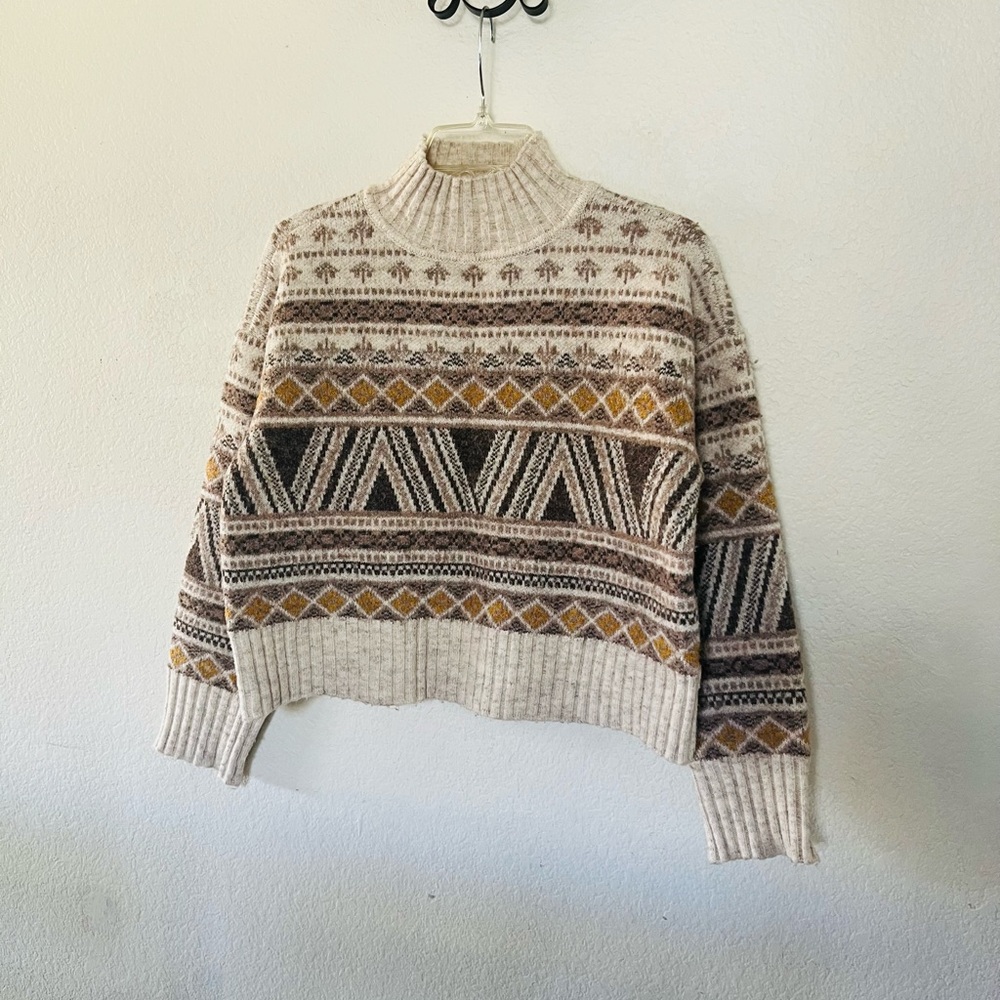 Marled Cream & Brown Patterned Mock Neck Sweater